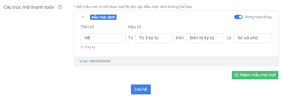 Giao diện cấu hình mẫu mã