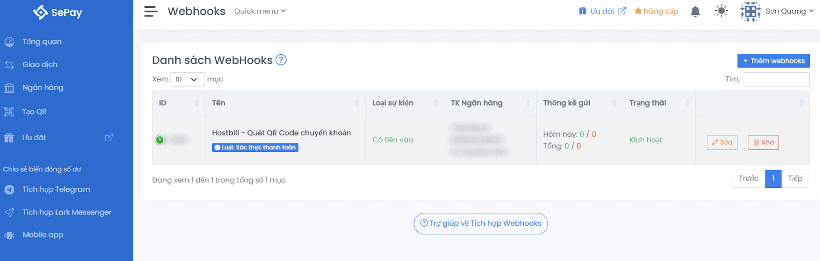 Webhook tạo thành công