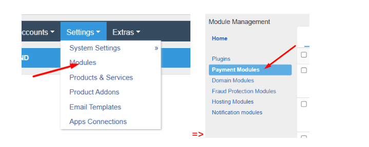 Mở Payment Modules trong HostBill