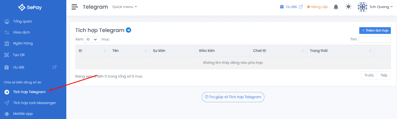 Menu Tích hợp Telegram