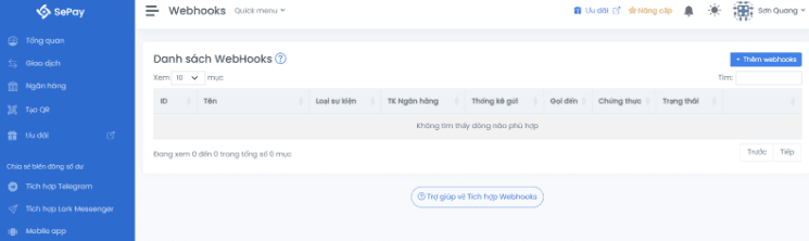 Trang danh sách Webhooks