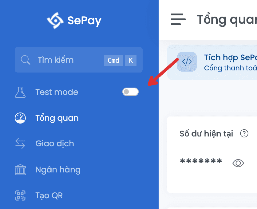 Mục Test mode trên sidebar my.sepay.vn