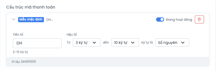Test mode payment code template card with prefix DH