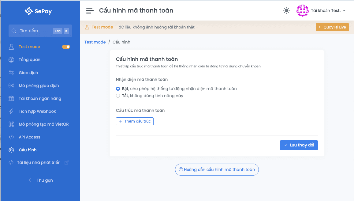 Configuration page in SePay Test mode