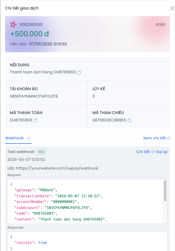 Trang chi tiết giao dịch hiển thị log gửi webhook