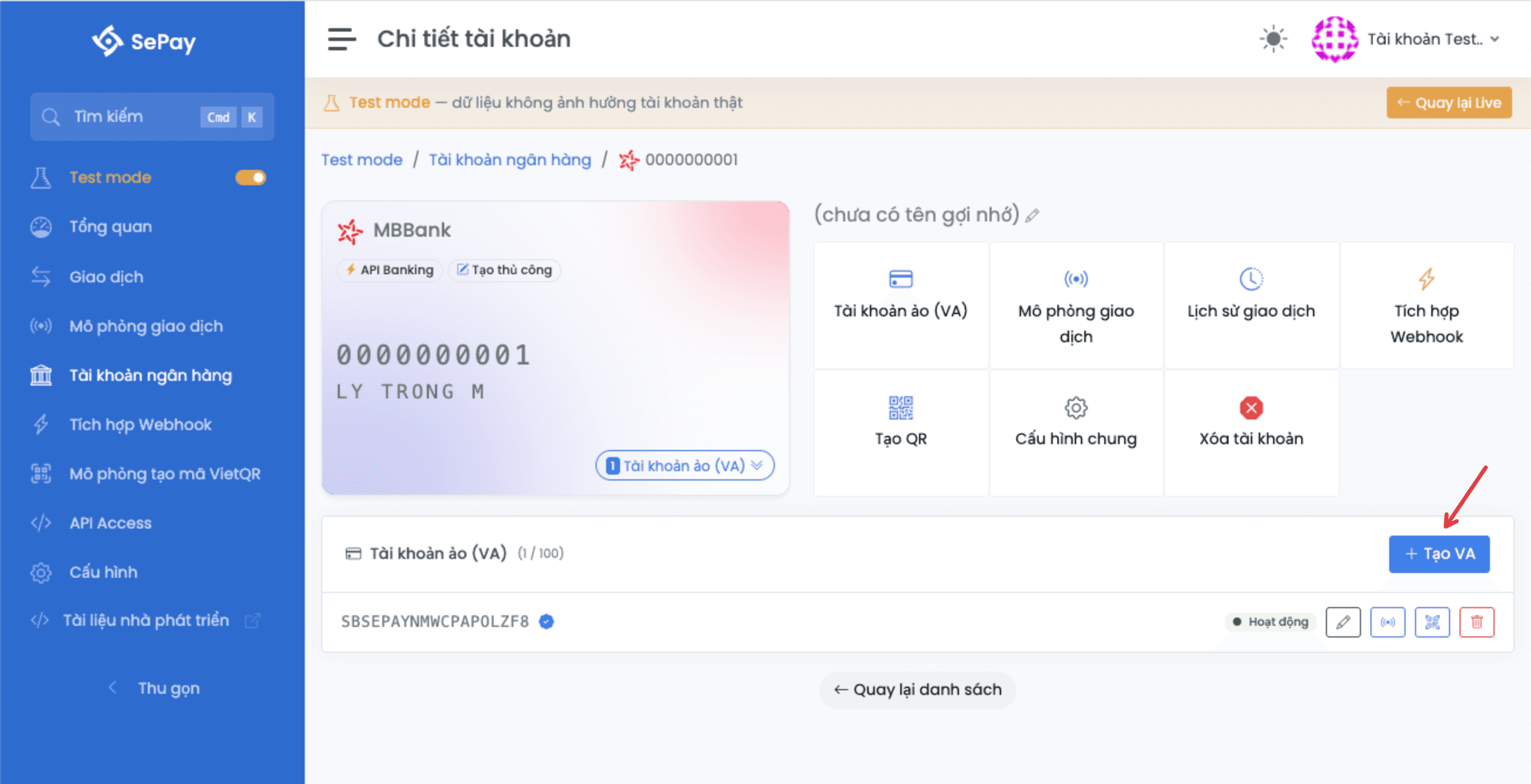 Tab Tài khoản ảo trong chi tiết tài khoản Test mode