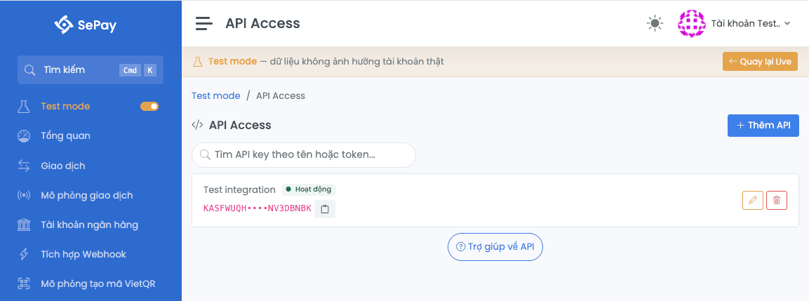 Trang API Access trong Test mode SePay