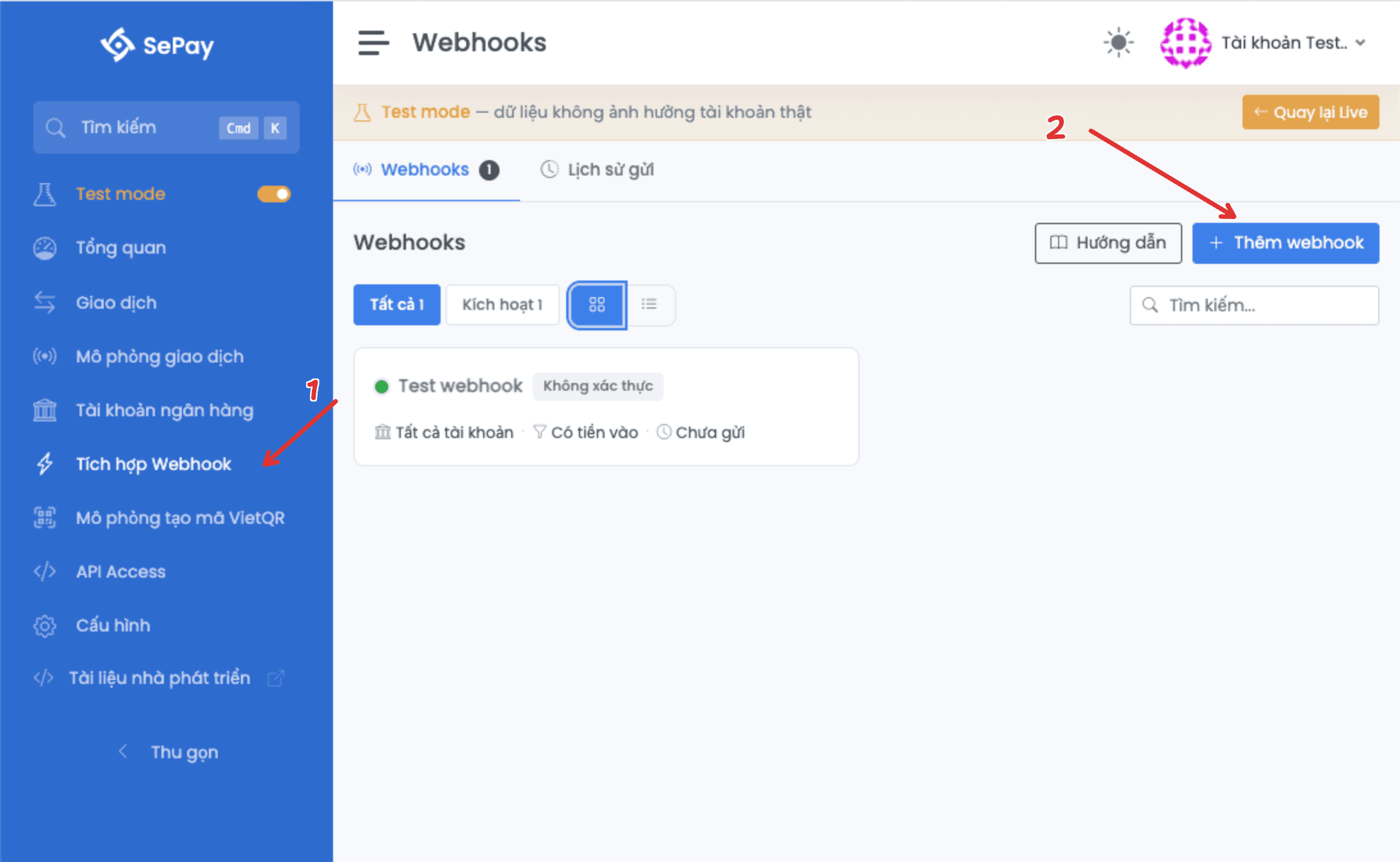 Trang Webhook trong Test mode