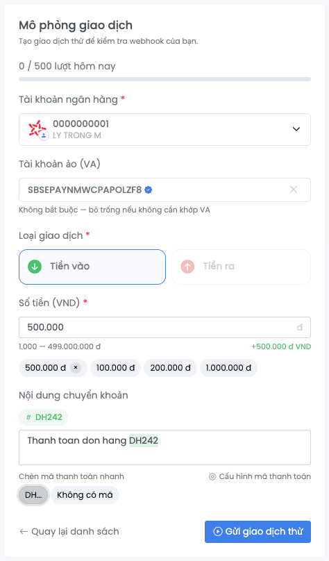 Form Mô phỏng giao dịch đã điền với chip nhận diện mã thanh toán