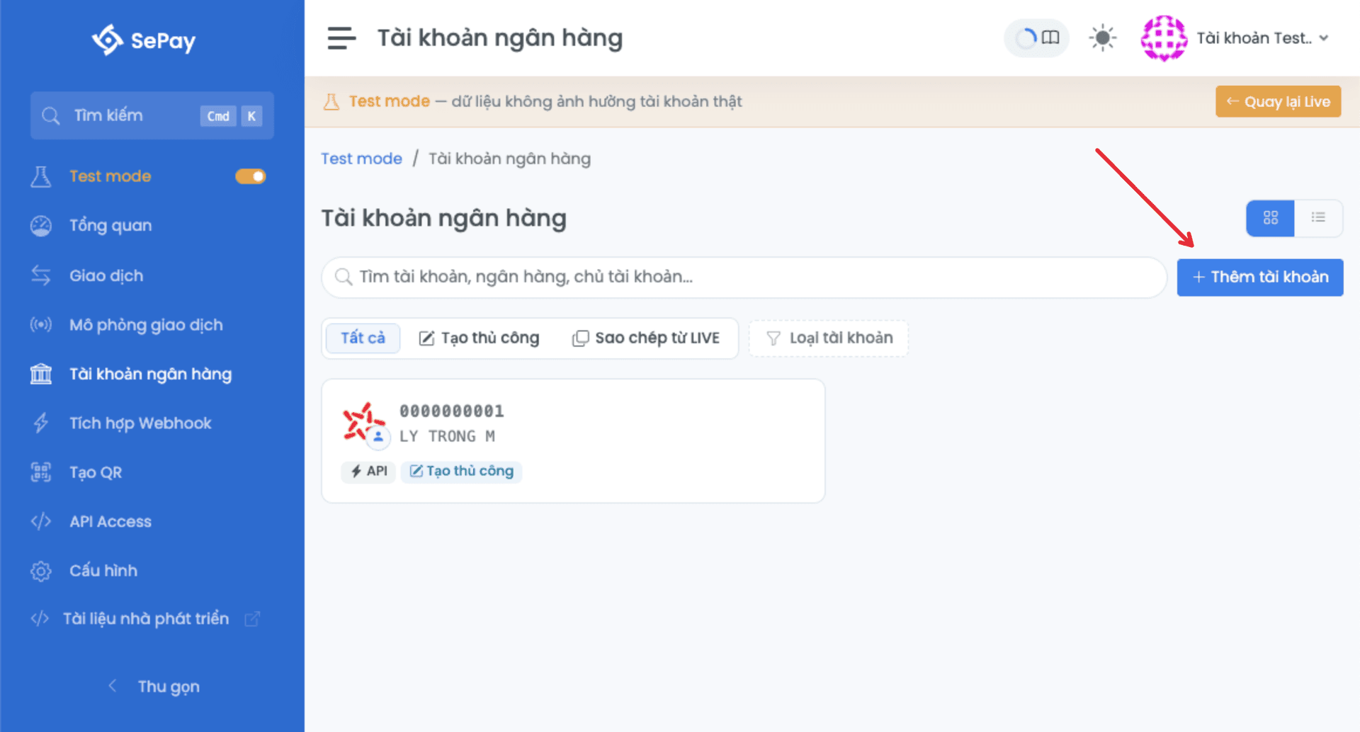Trang Tài khoản ngân hàng trong Test mode