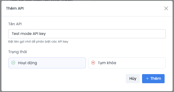 Dialog hiển thị token đầy đủ ngay sau khi tạo trong Test mode SePay