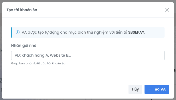 Modal Thêm VA chính thức với số VA tự sinh