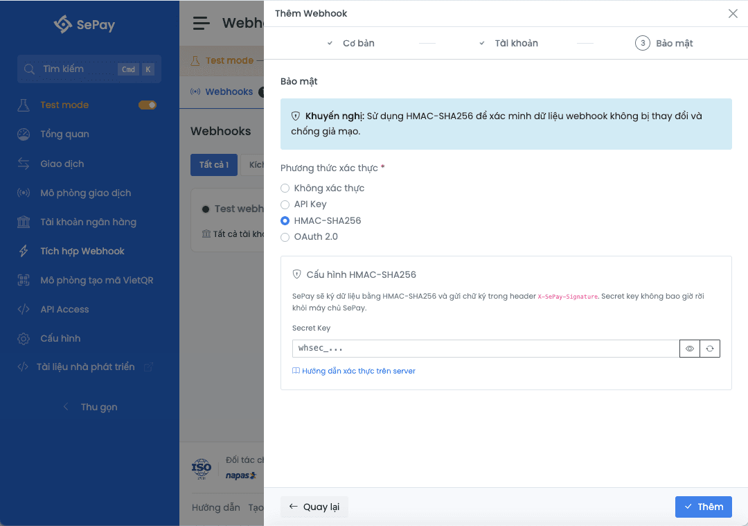 Bước Bảo mật khi tạo webhook Test mode với HMAC-SHA256