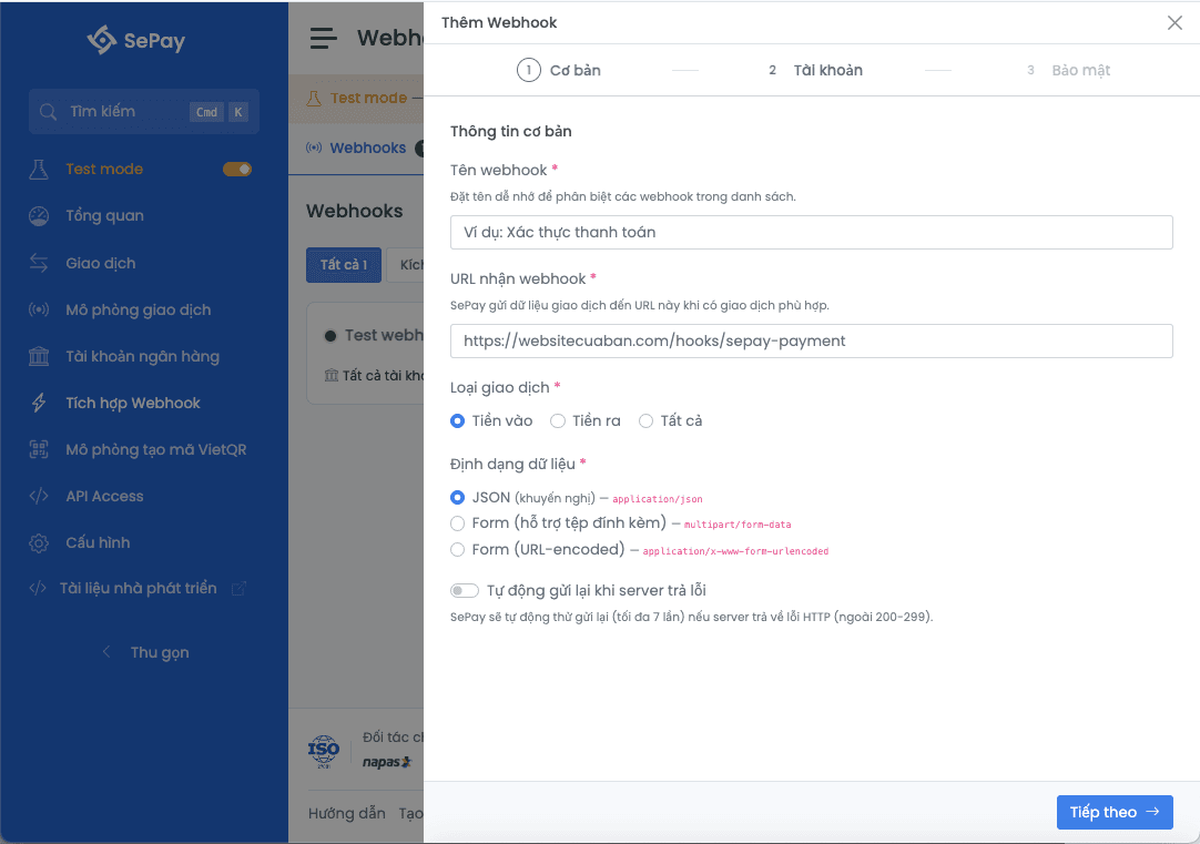 Form thêm webhook trong Test mode SePay