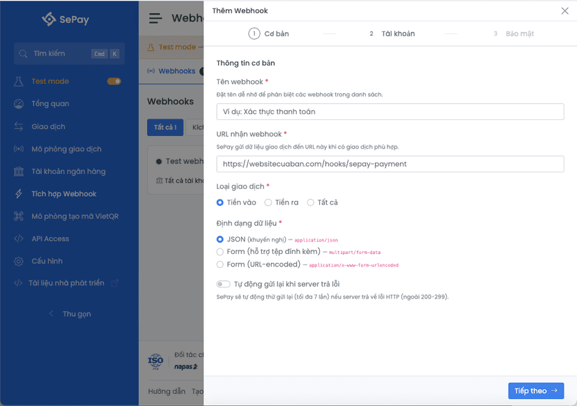 Test mode (Sandbox) SePay Webhooks | SePay Developer