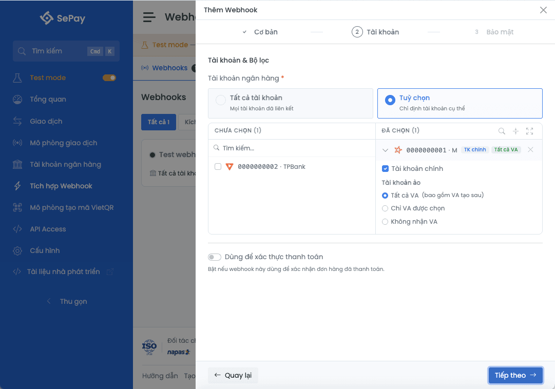 Bước Tài khoản và Bộ lọc khi tạo webhook Test mode