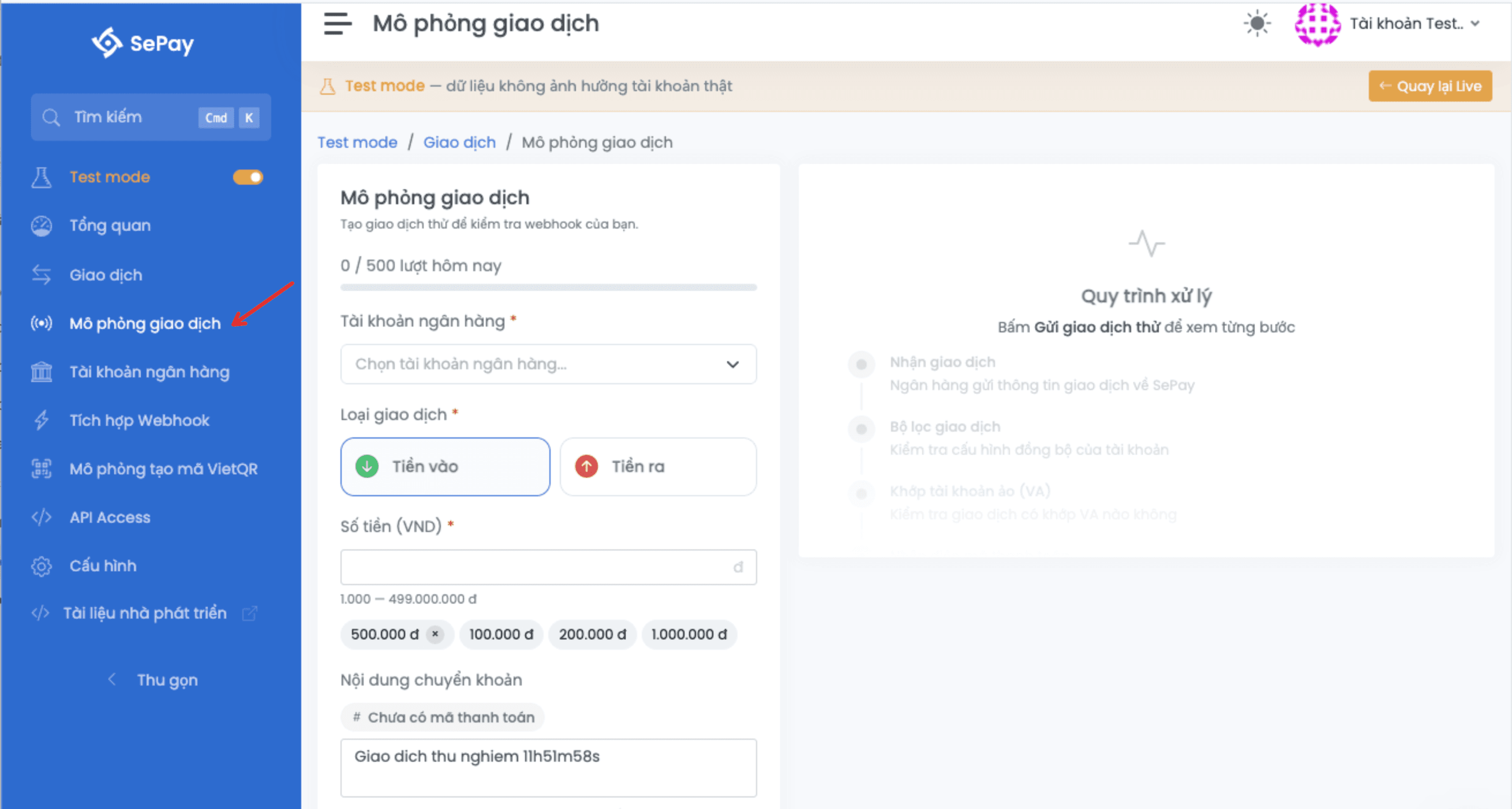 Trang Mô phỏng giao dịch trong Test mode SePay