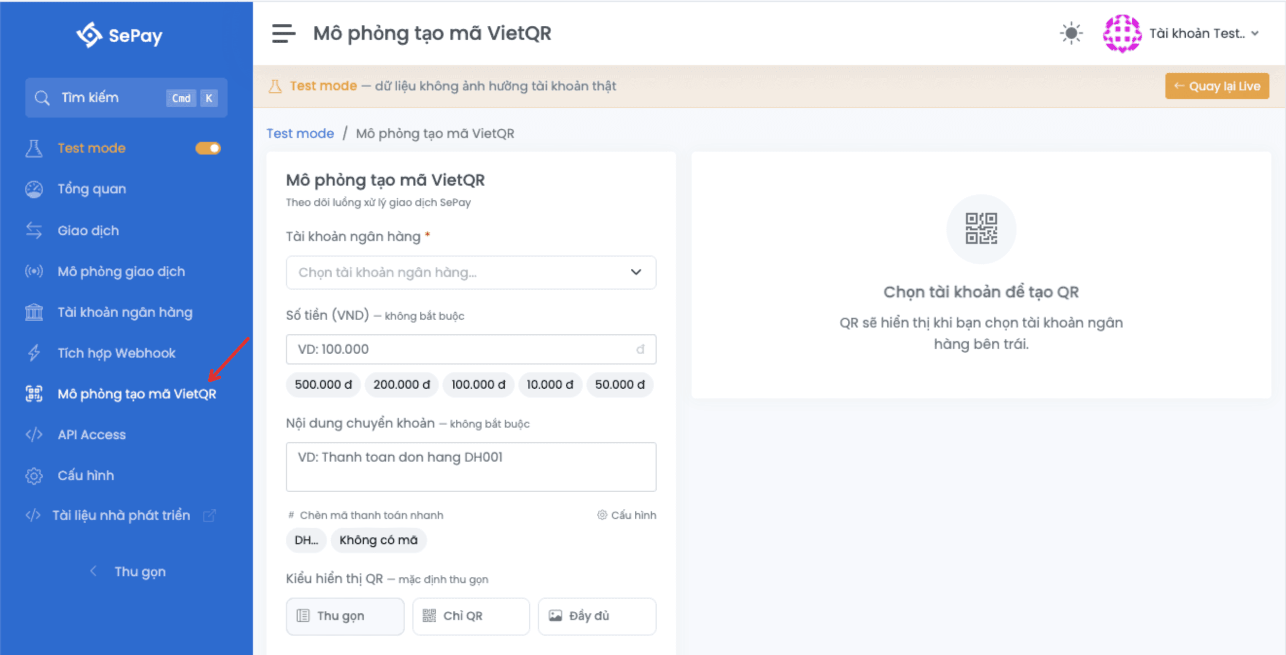 Trang Mô phỏng tạo mã VietQR Test mode