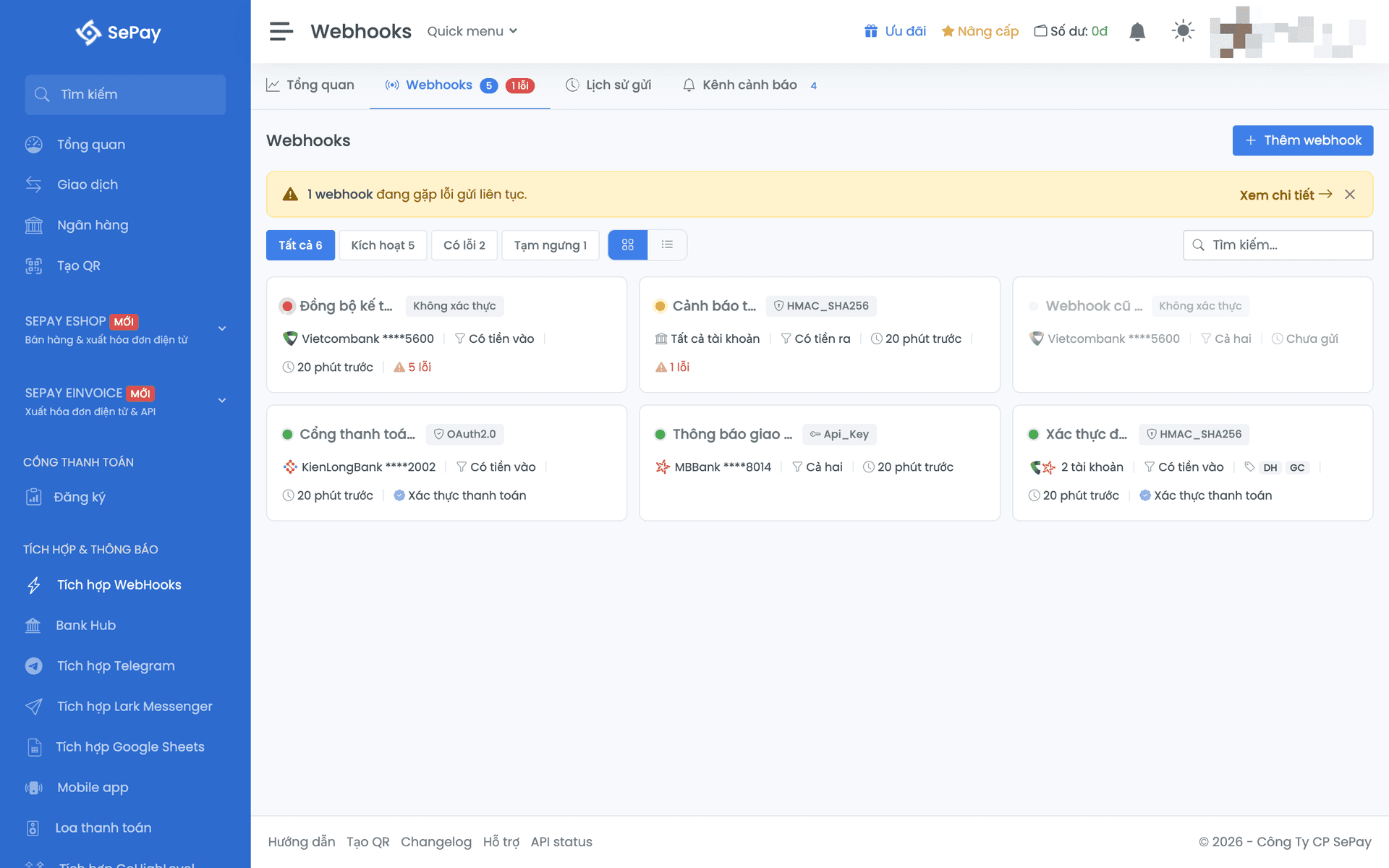 Webhooks page