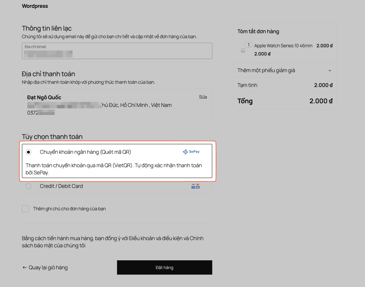 Tuỳ chọn Chuyển khoản ngân hàng trên trang checkout