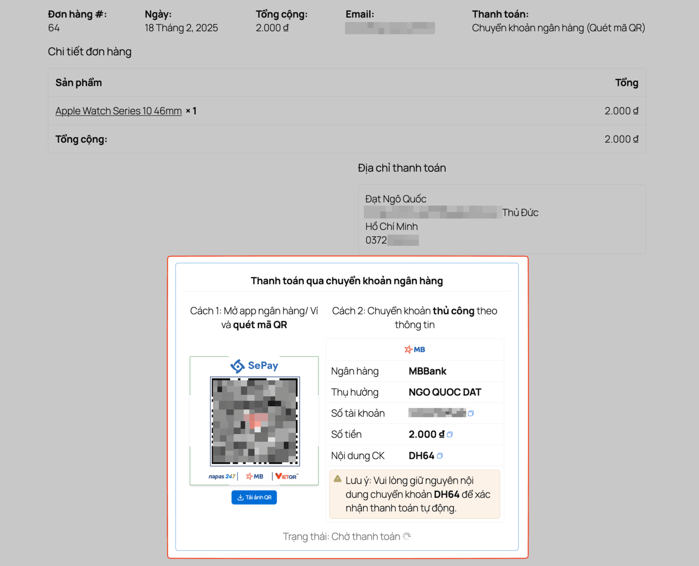 Mã QR và thông tin thanh toán