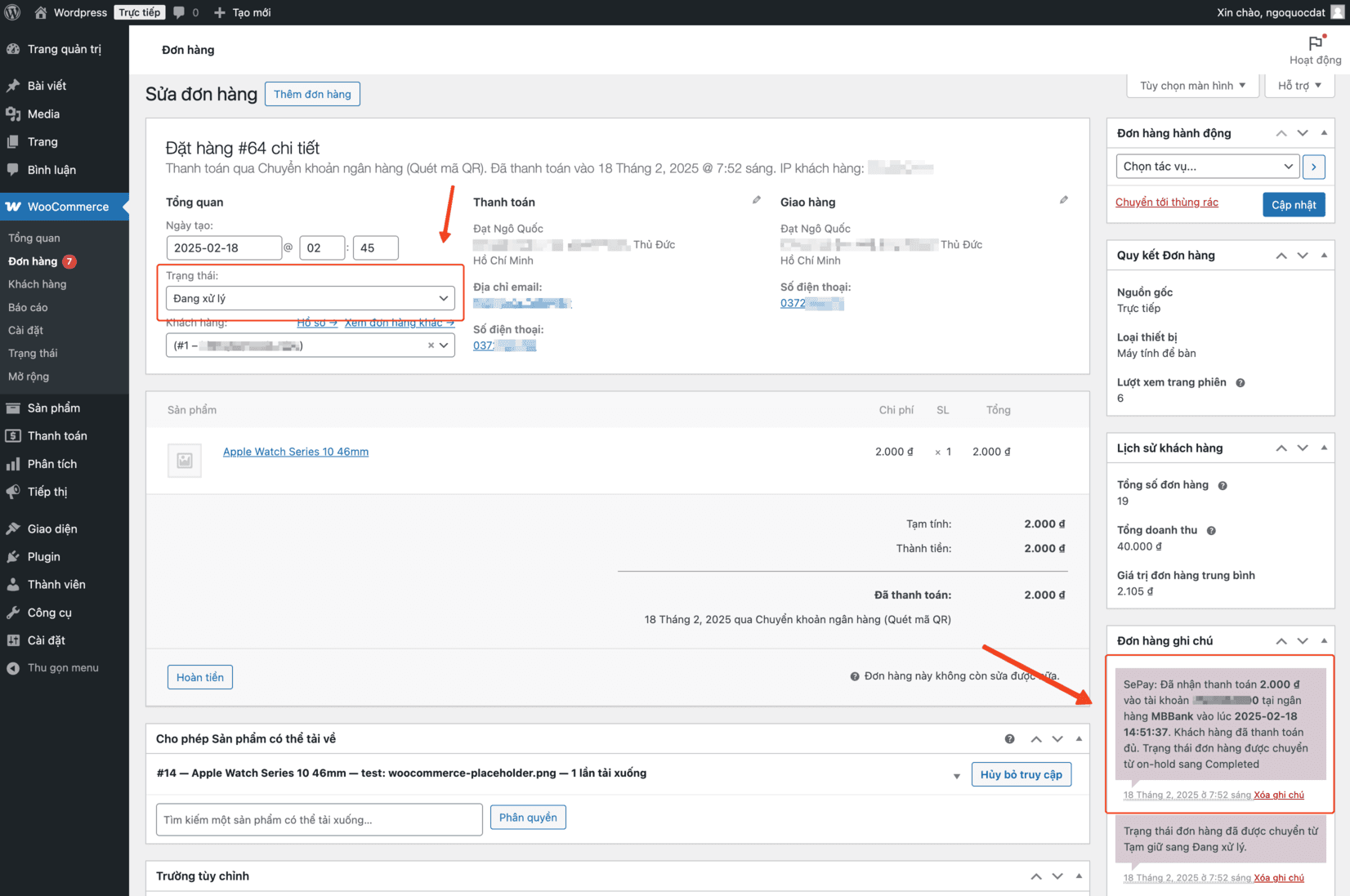 Giao diện quản lý đơn hàng WooCommerce