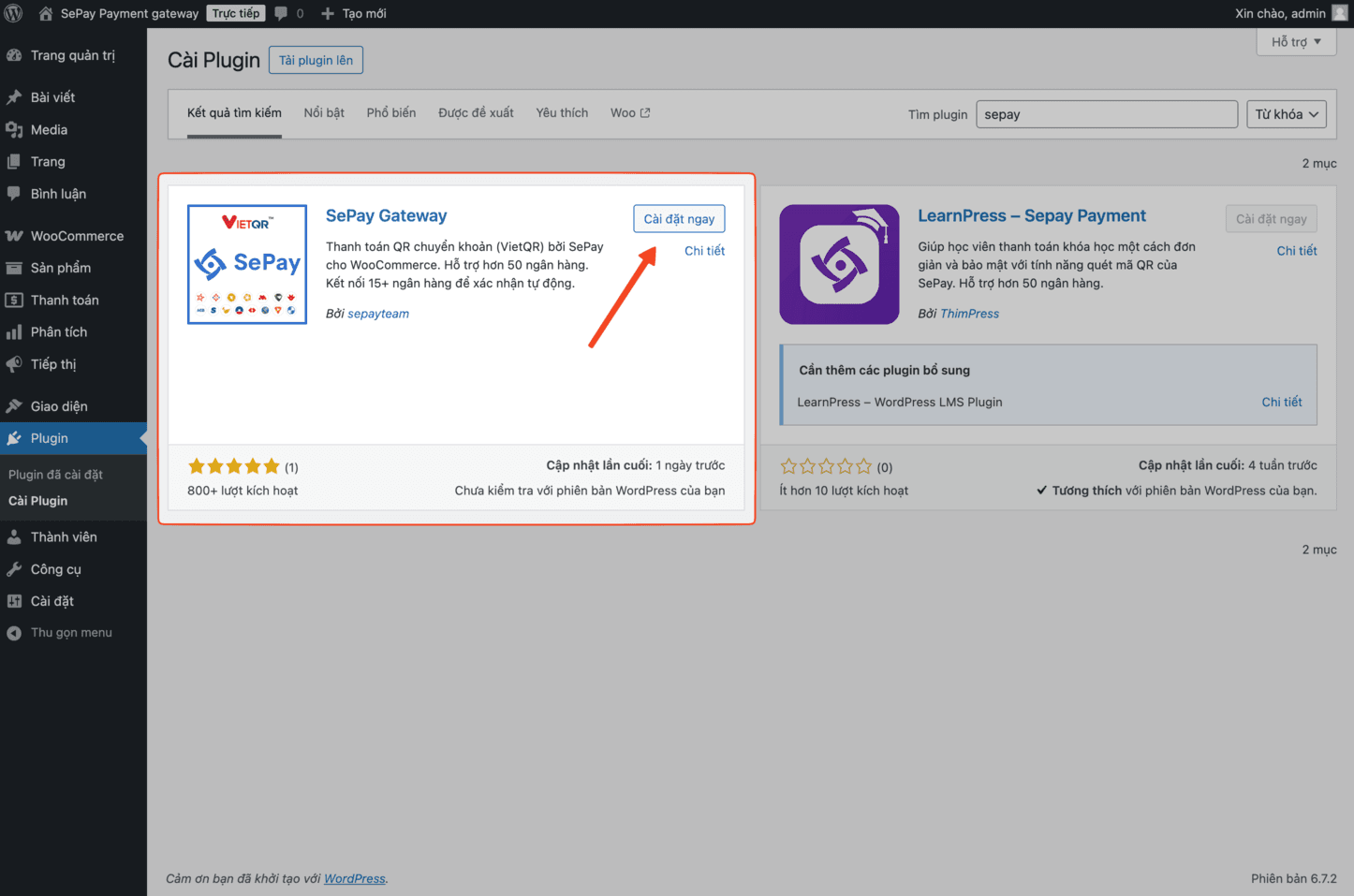 Cài plugin SePay Gateway từ WordPress admin