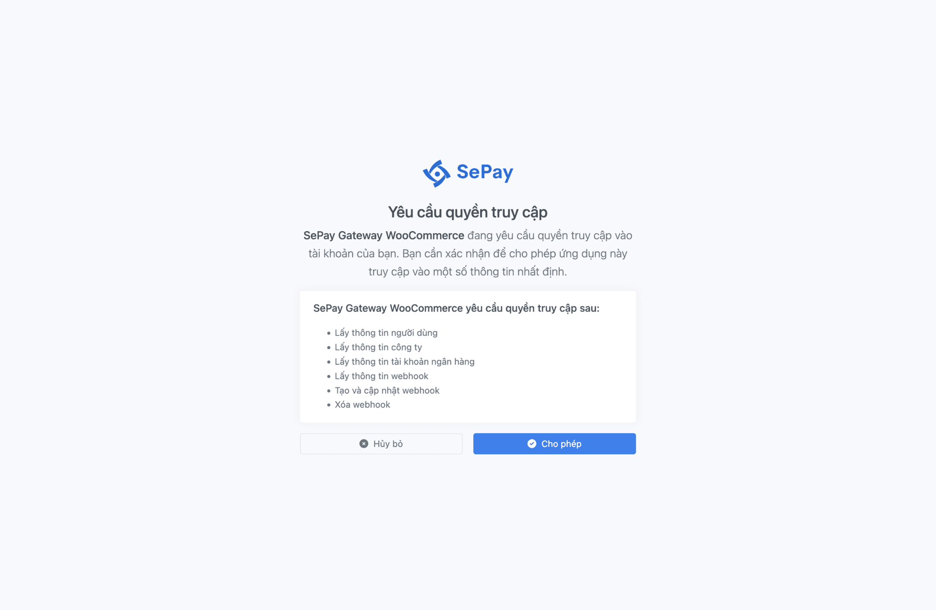 Trang ủy quyền WooCommerce truy cập SePay