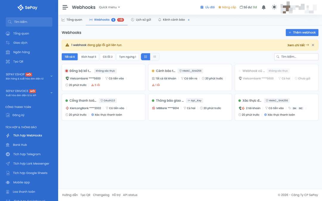 Cách tạo webhook SePay | SePay Developer